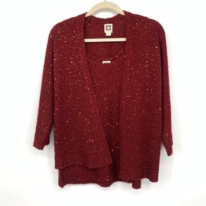 Anne Klein red sequined sweater holiday cardigan with tank top  medium